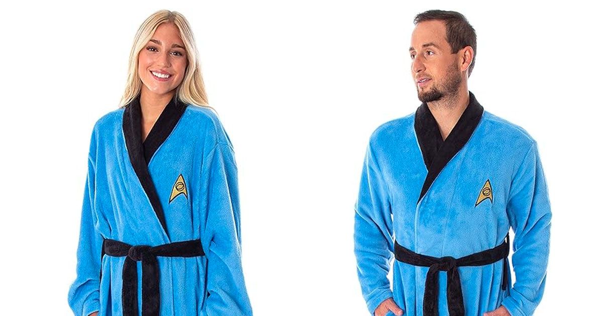 The Star Trek bathrope is shown on a female and male model.