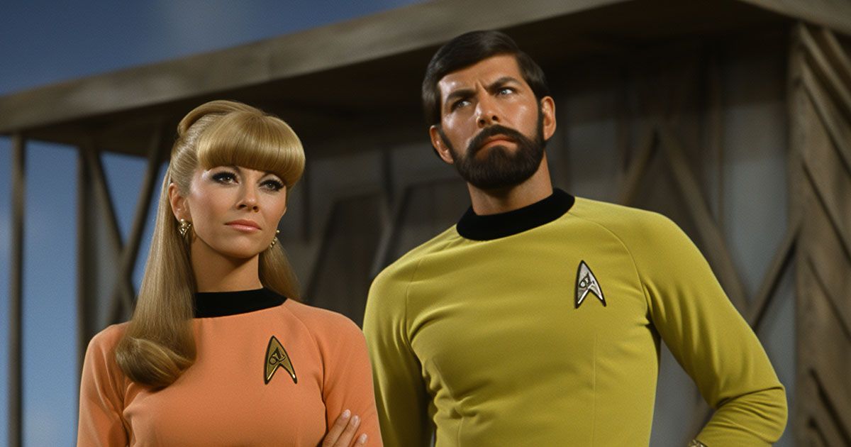 An AI-generated image of a space couple. Of course the fellow has a beard.