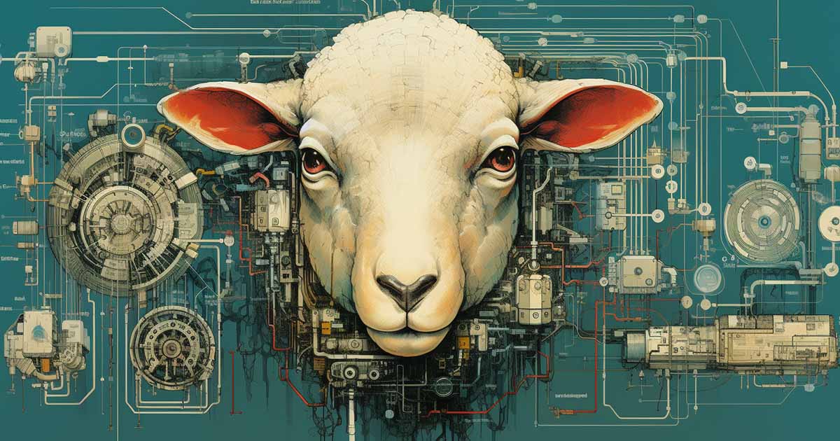 An AI-generated image of an android sheep.