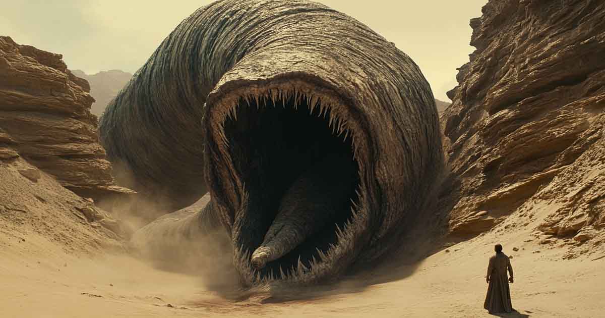 An illustration of a sandworm with a man standing near by.