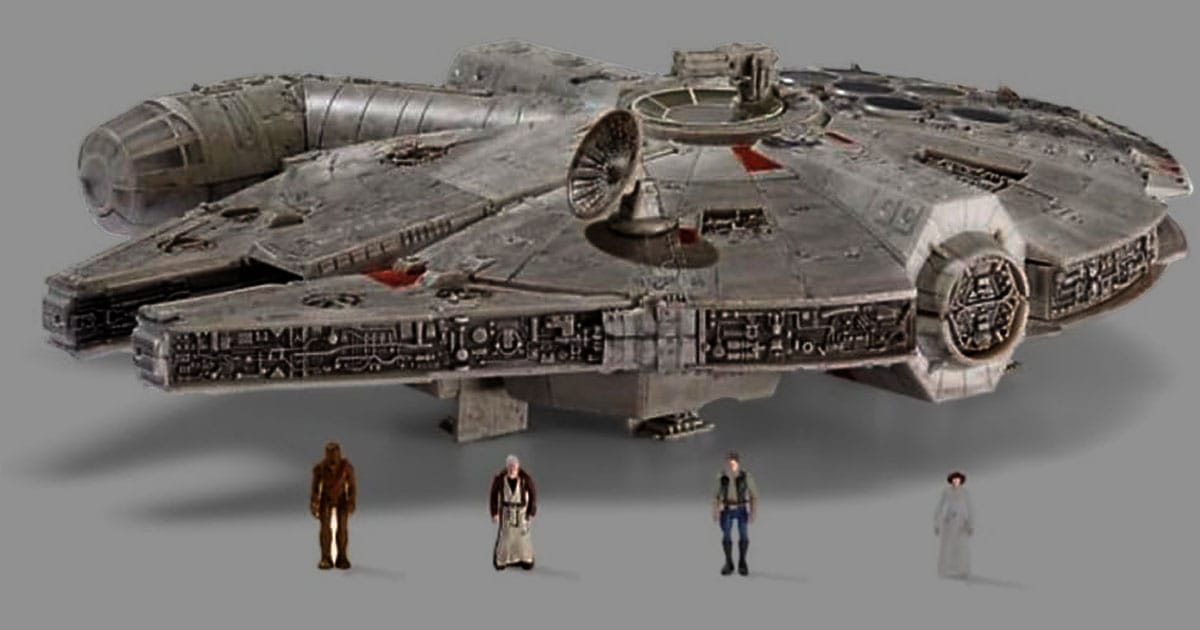 Image of a model Millennium Falcon with 4 Characters