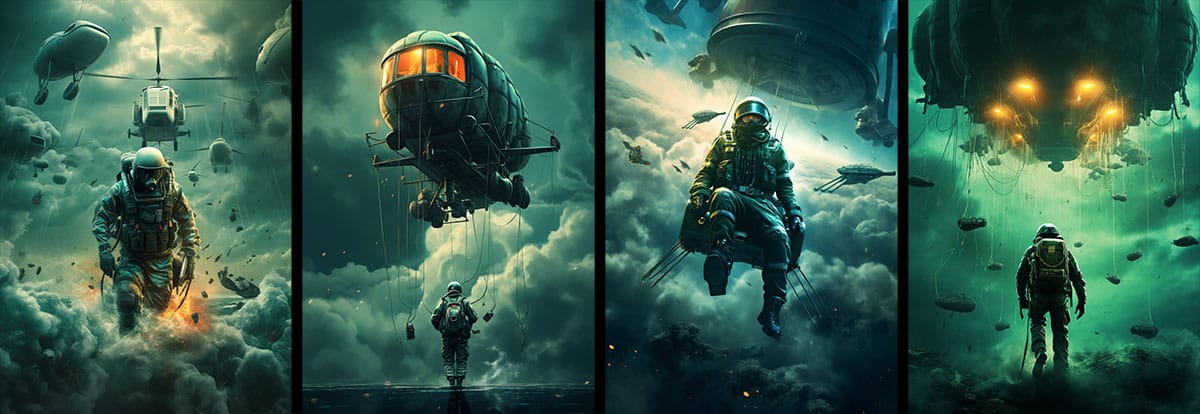 A four panel image of Military Science Fiction themes.