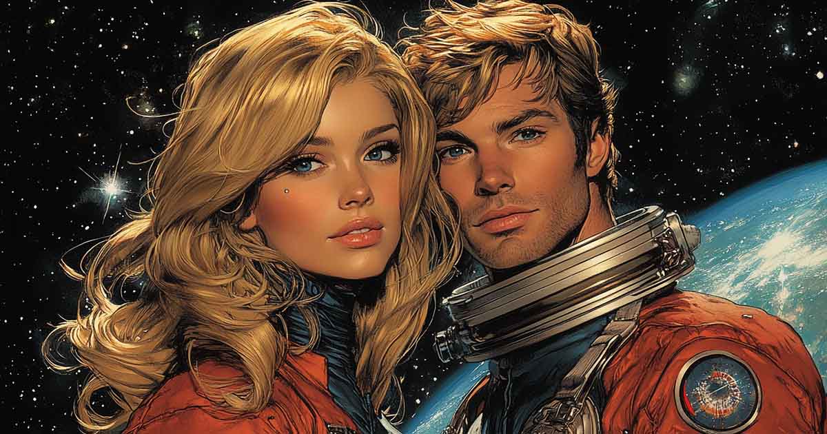 An attractive couple in space suits with a planet in the background.