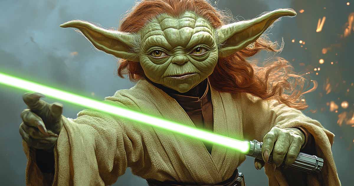 Yaddle the female of Yoda's species holding a lightsaber.