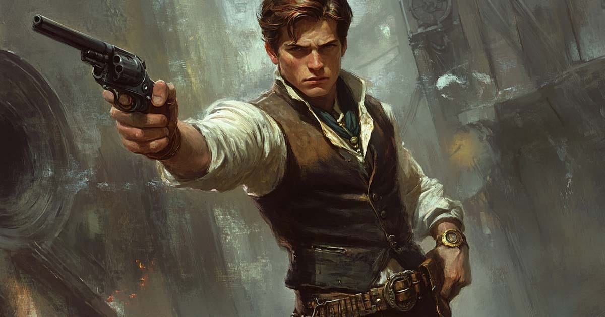 Image Han Solo in a Victorian-era vest with a pistol.