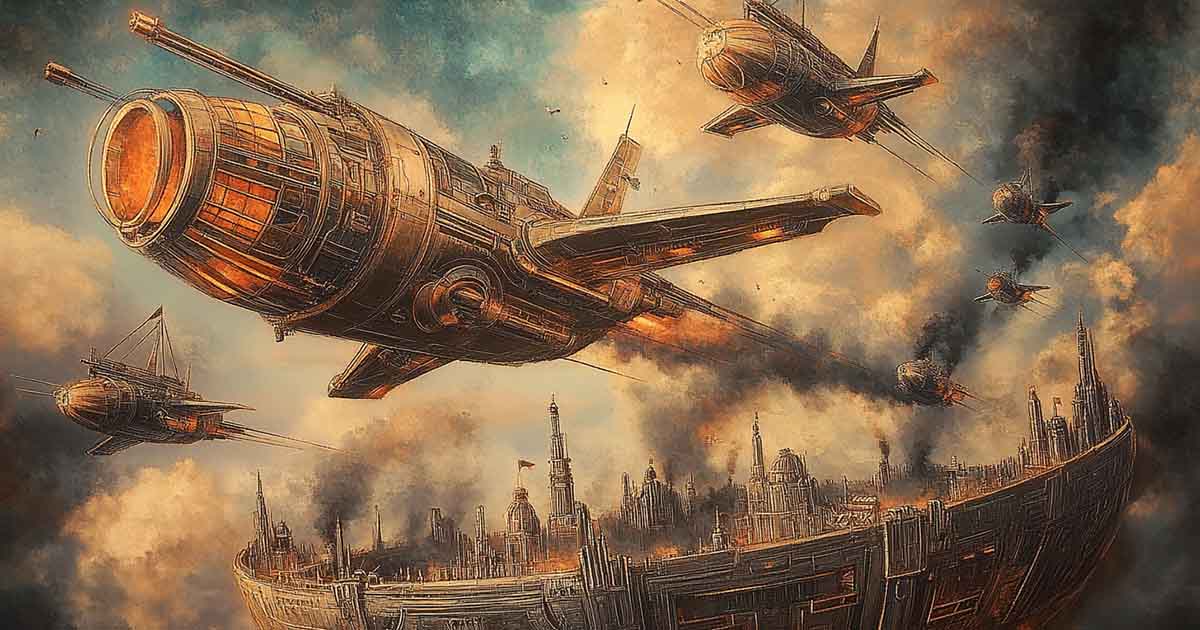 A reimagined x-wing fighter as a steampunk airship.