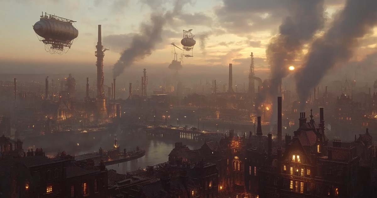 A steampunk city with flying airships.