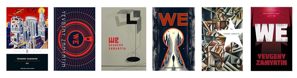 Six different versions of the book cover for "We."