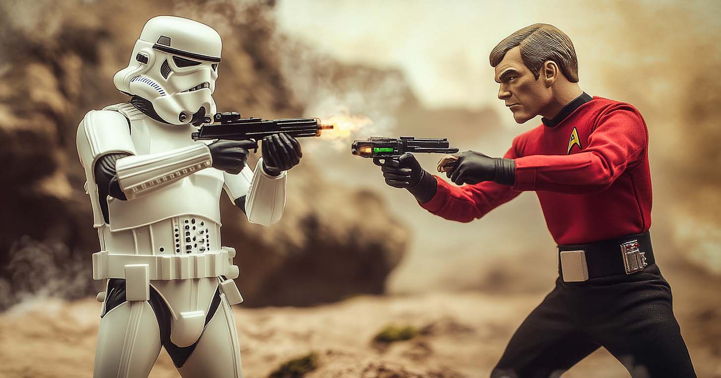 A Star Trek red shirt versus a Star Wars stormtrooper.