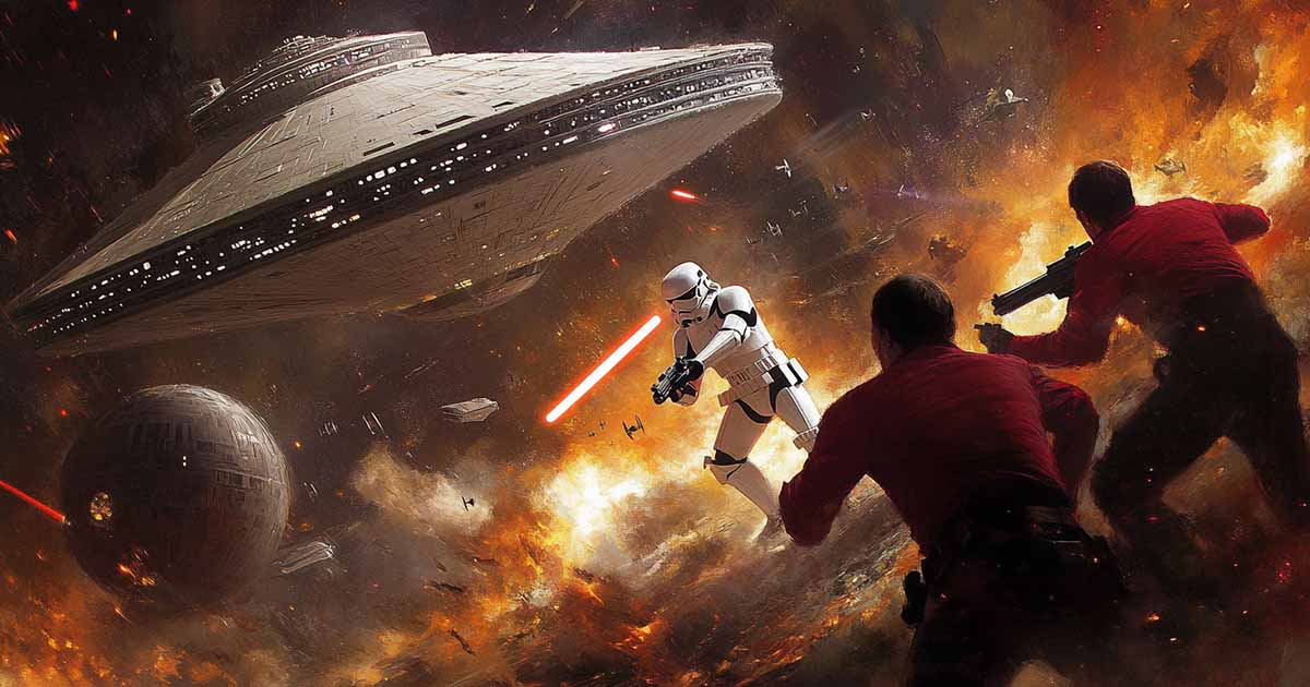 Fan art showing the battle between stormtroopers and red shirts.