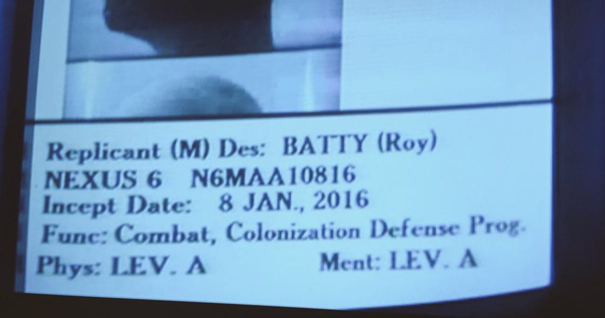 A screen capture from the movie "Blade Runner" showing the display with Batty's birthdate.