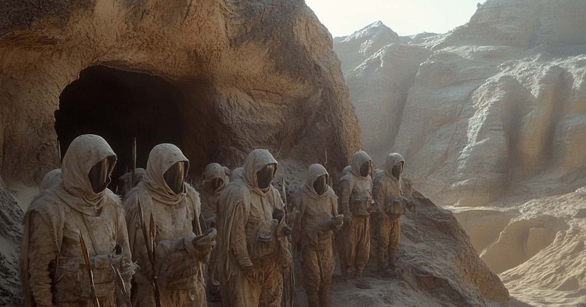 Dune fan art. A close-up of a sietch nestled in a canyon, with camouflaged openings barely visible in the rock face. Below, a group of Fremen stand in formation, their stillsuits blending into the sand, holding water pouches and spears. The scene is bathed in the soft light of dawn, with shadows stretching across the terrain. The colors emphasize earthy tones—beige, brown, and faint blues—to highlight their connection to the desert.