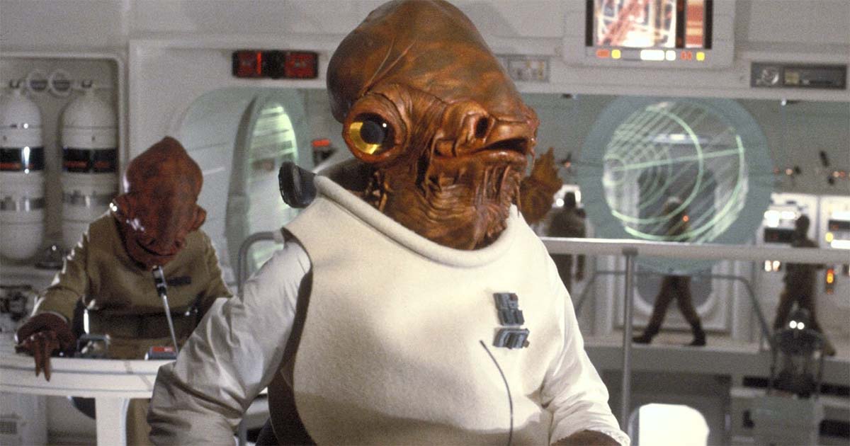 A screen capture showing admiral Ackbar on the bridge.