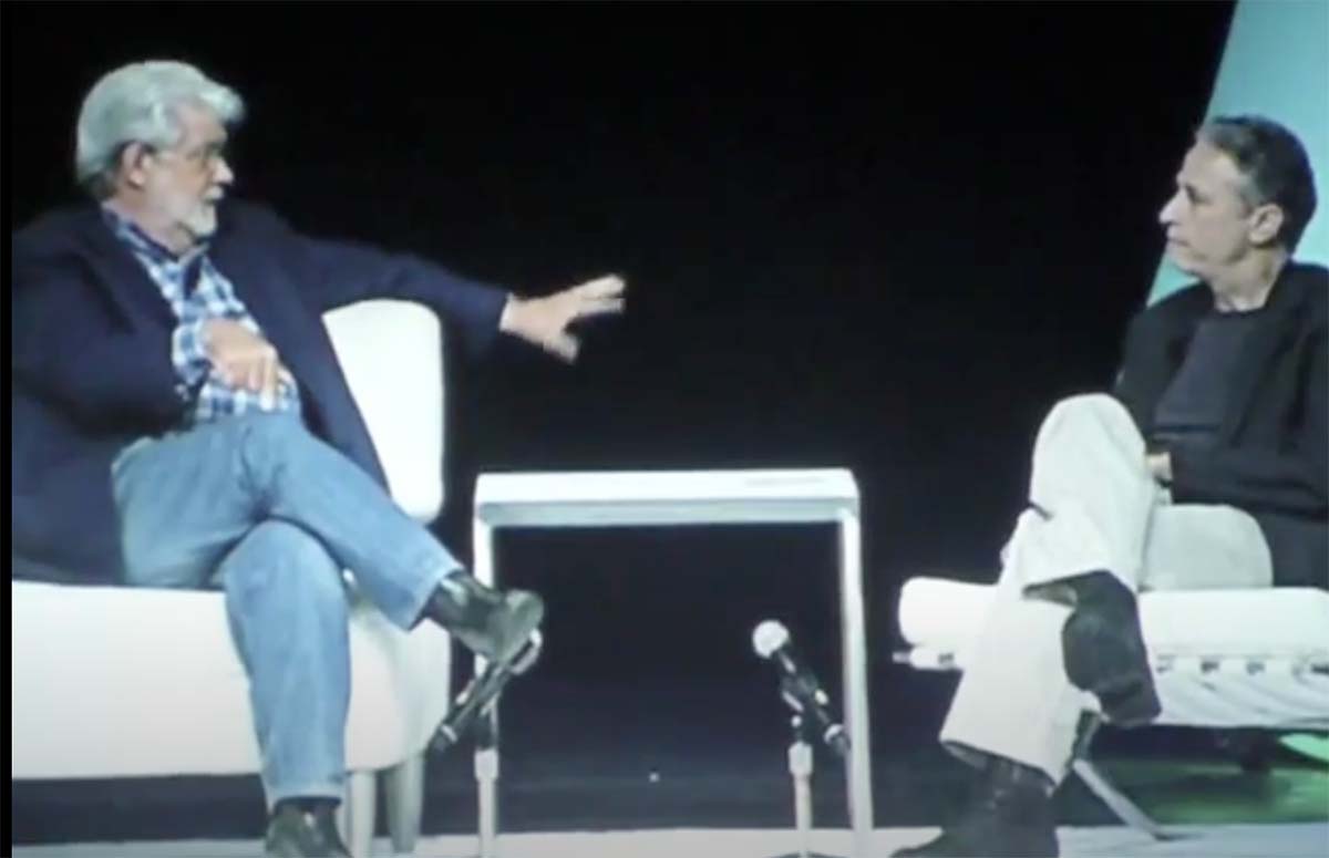 A screen capture from a bad recording of the Jon Stewart interview at Star Wars Celebration V in 2010.