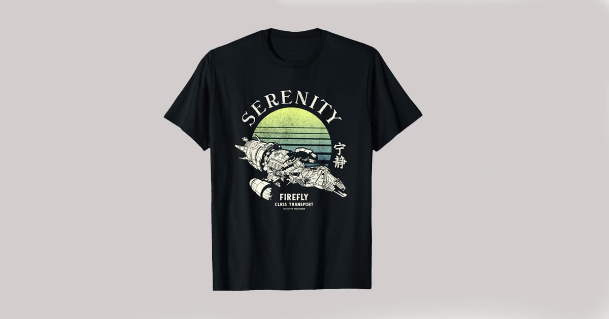 Image of a T-shirt showing Firefly a Serenity Class Spaceship.