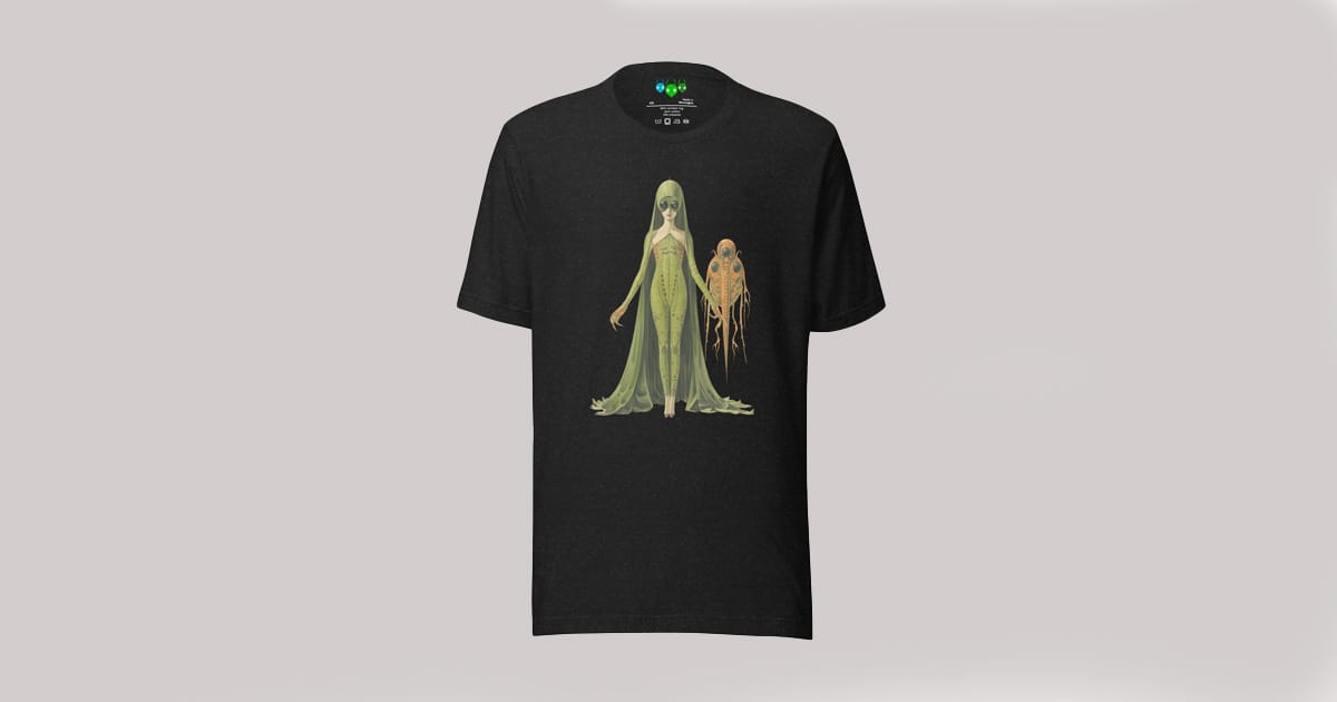 Image of a T-Shirt with a Green Lady Alien and her Alien pet.