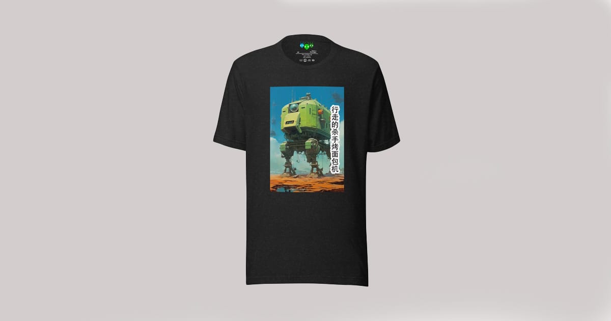 Image of a T-shirt that has a four-legged walking robot that looks kind of like a toaster.