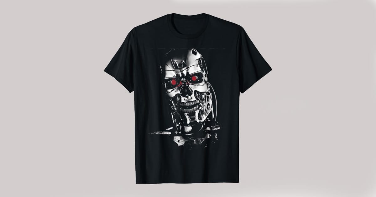 Image of a T-shirt showing a Red-Eyed Sentinel from the movie Terminator.