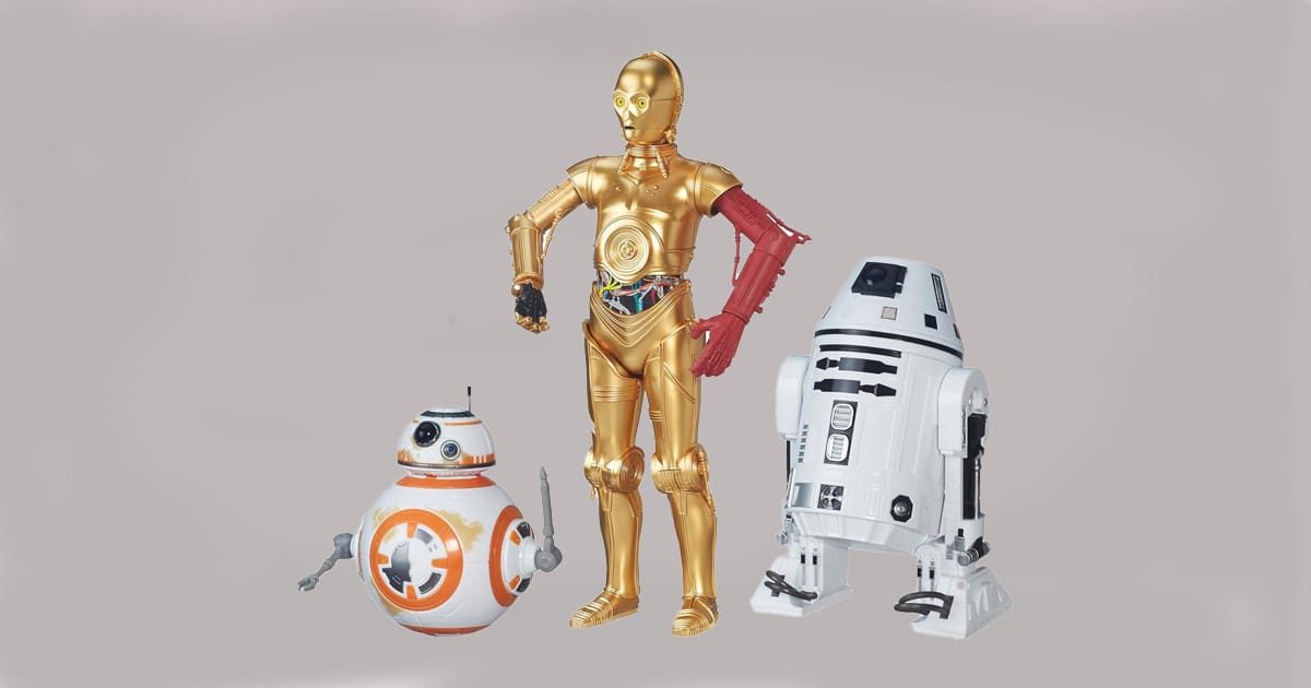 Image of three Droid action Figures from the Star Wars Saga C-3PO, BB-8, and RO-4LO.