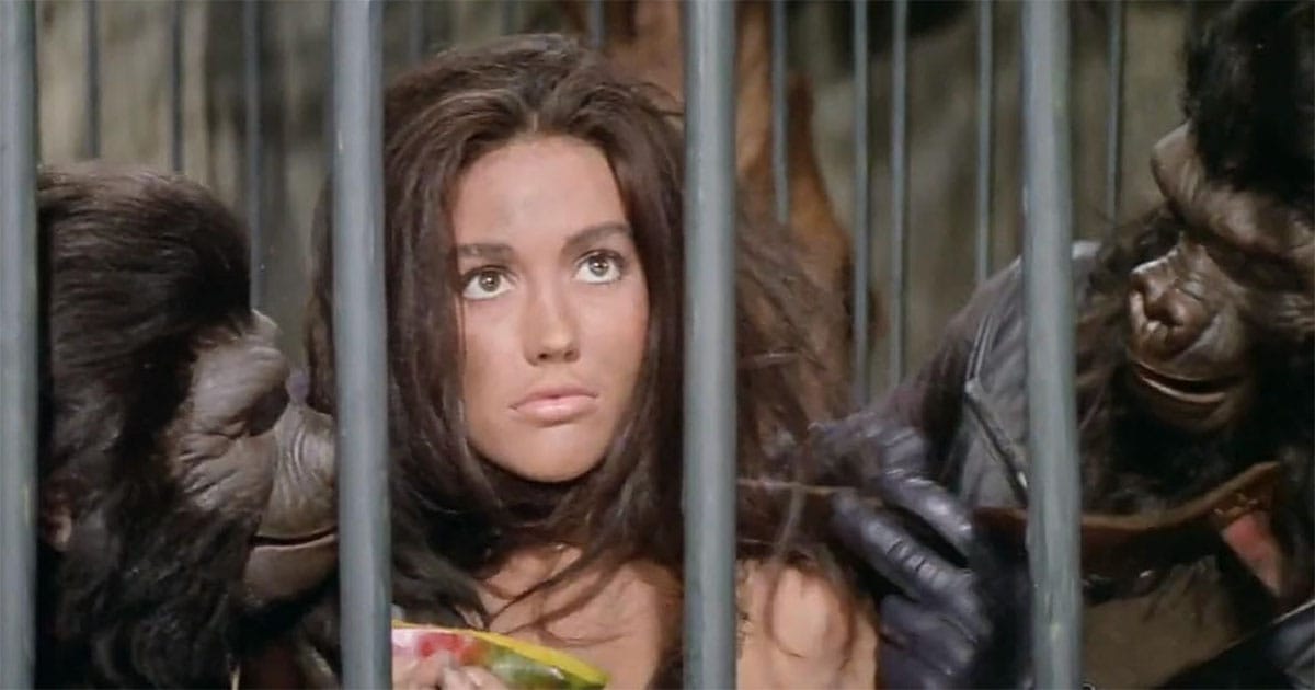 A screen capture showing Nova played by Linda Harrison surrounded by gorillas.