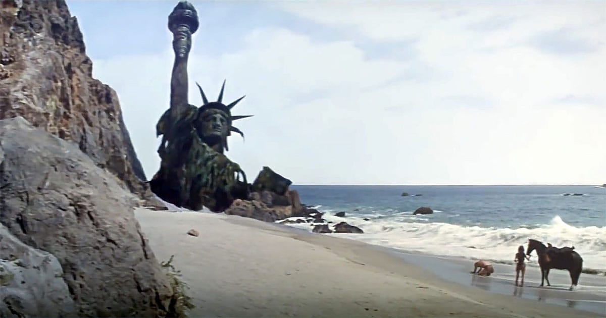 A screen capture of the Statue of Liberty scene from "Planet of the Apes."