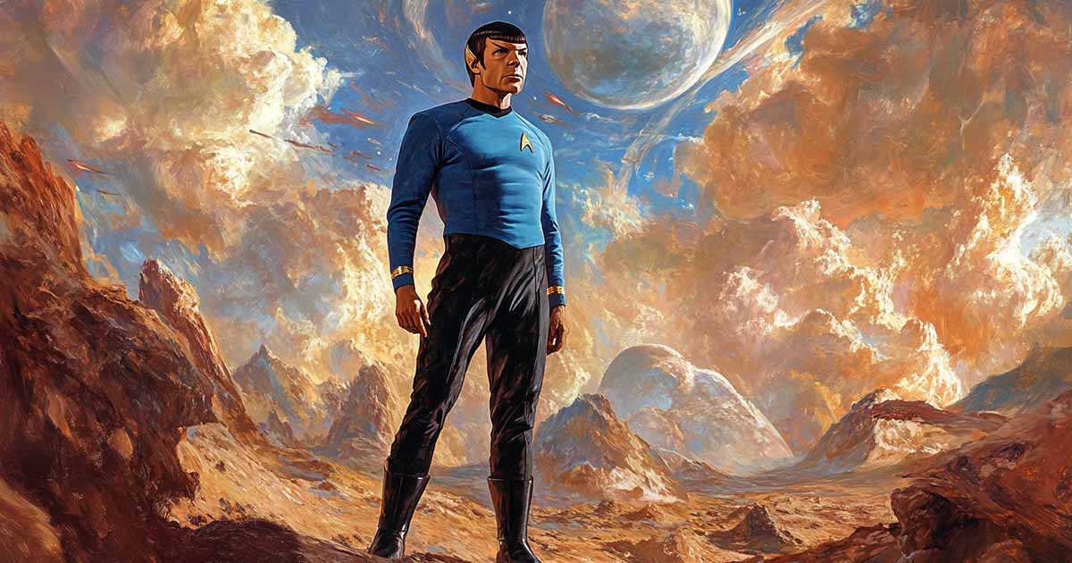 Fan art of Mr. Spock standing on an alien planet.