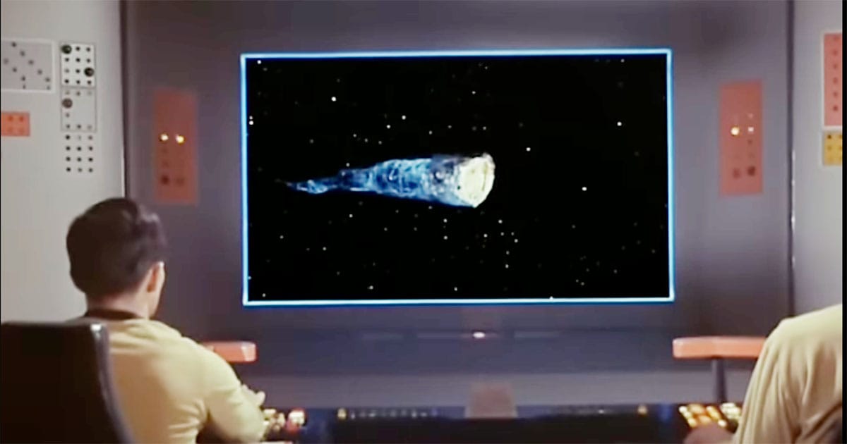 The Doomsday Machine in "The Doomsday Machine," a massive, glowing, hollow, cone-shaped super weapon floating in deep space.