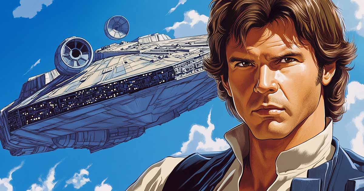 Illustration of Han Solo with the Millennium Falcon in the background.