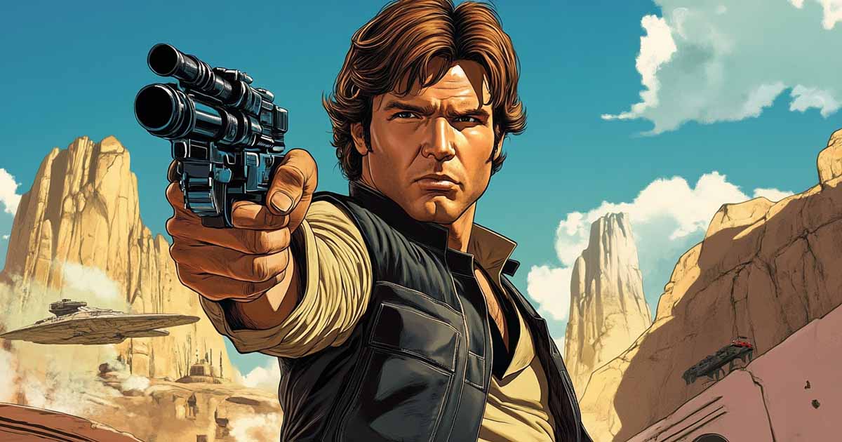 Illustration of Han Solo aiming his blaster in a desert setting, evoking the imagery of an Old West gunslinger in a sci-fi frontier.