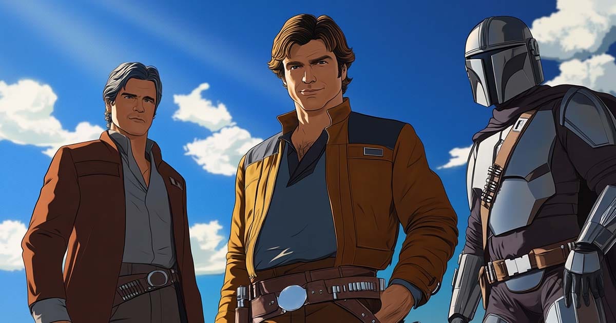 Illustration of Han Solo, Malcolm Reynolds, and The Mandalorian standing together under a blue sky, representing the evolution of the space cowboy archetype in science fiction.