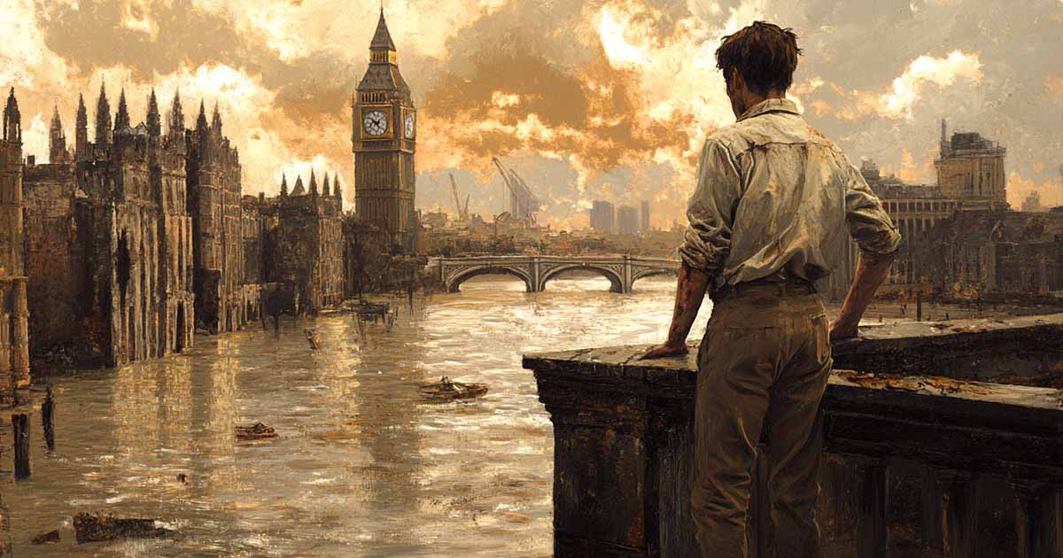 A man in a worn, dirt-streaked shirt and trousers stands on a crumbling rooftop, overlooking a flooded London.