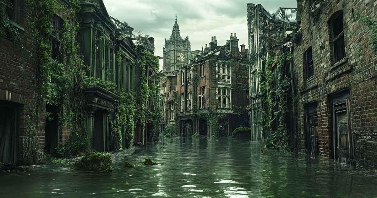 A flooded street in London, with crumbling brick buildings covered in ivy and decay.