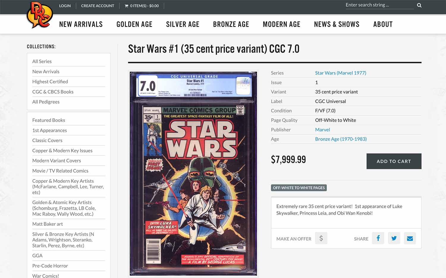 An image from a comic book website offering the CGC 7.0 graded variant.