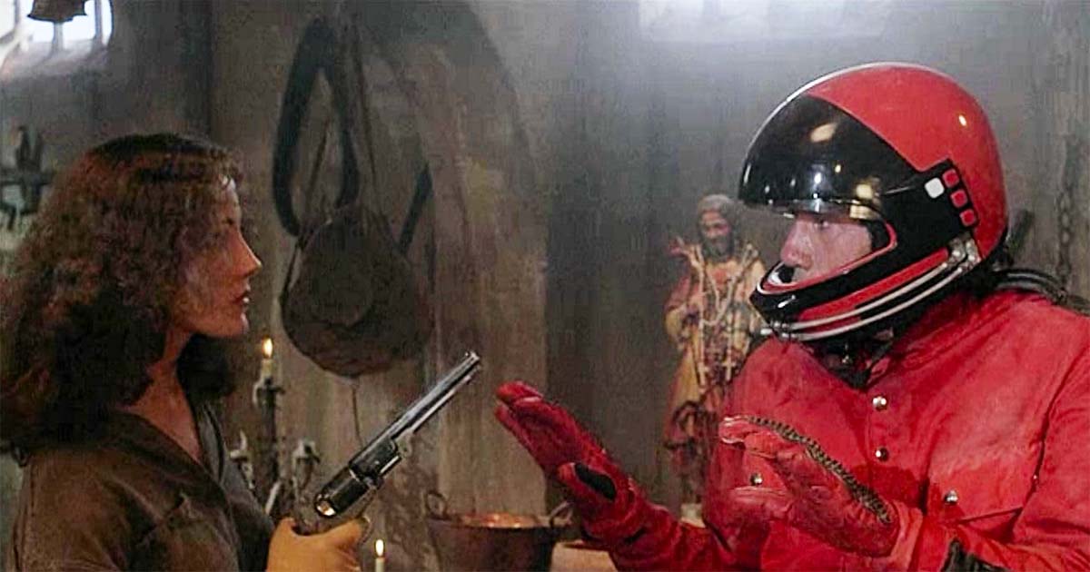 A still from the movie showing Ward in motorcycle gear.