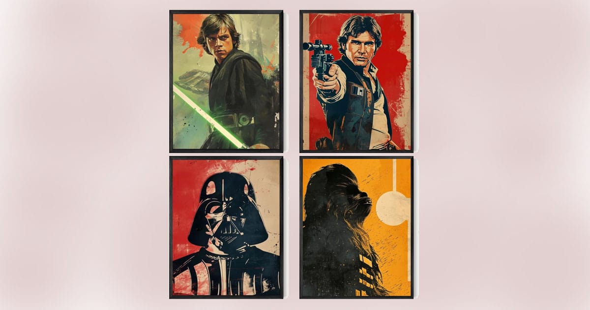 Bold prints of Luke, Han, Vader, and Chewbacca bring Star Wars legend to life.