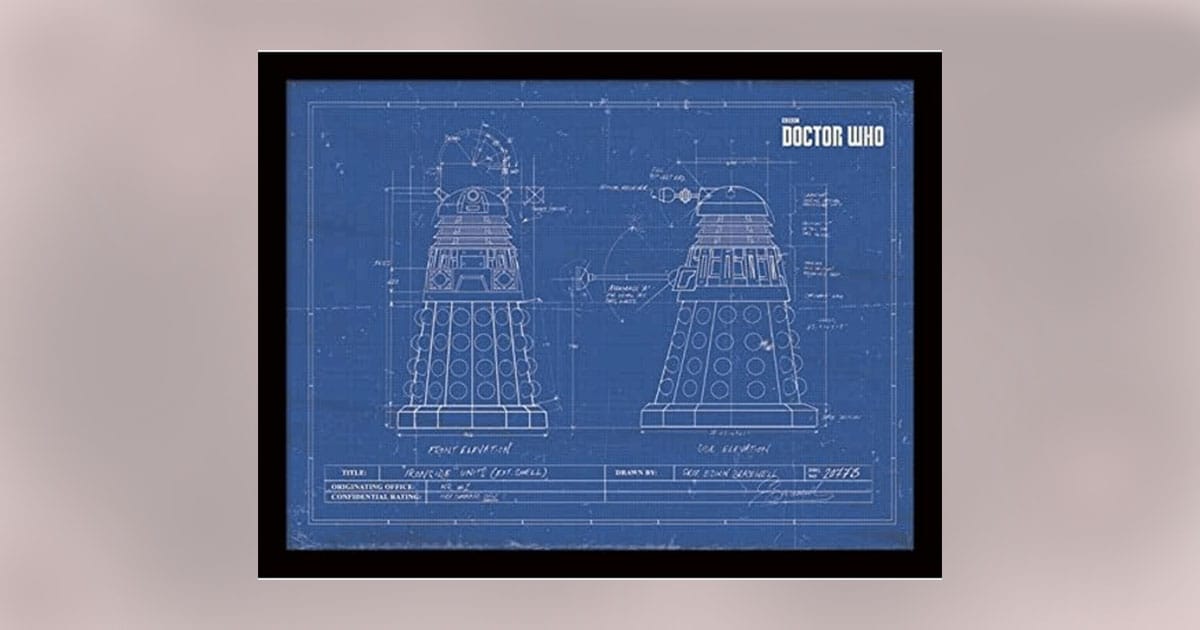 Framed Doctor Who Dalek blueprint featuring detailed schematics of the iconic sci-fi antagonist.