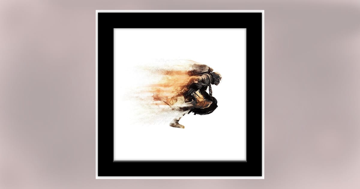 Framed artwork of a Dune warrior in motion dissolving into the sands of Arrakis in a striking abstract style.