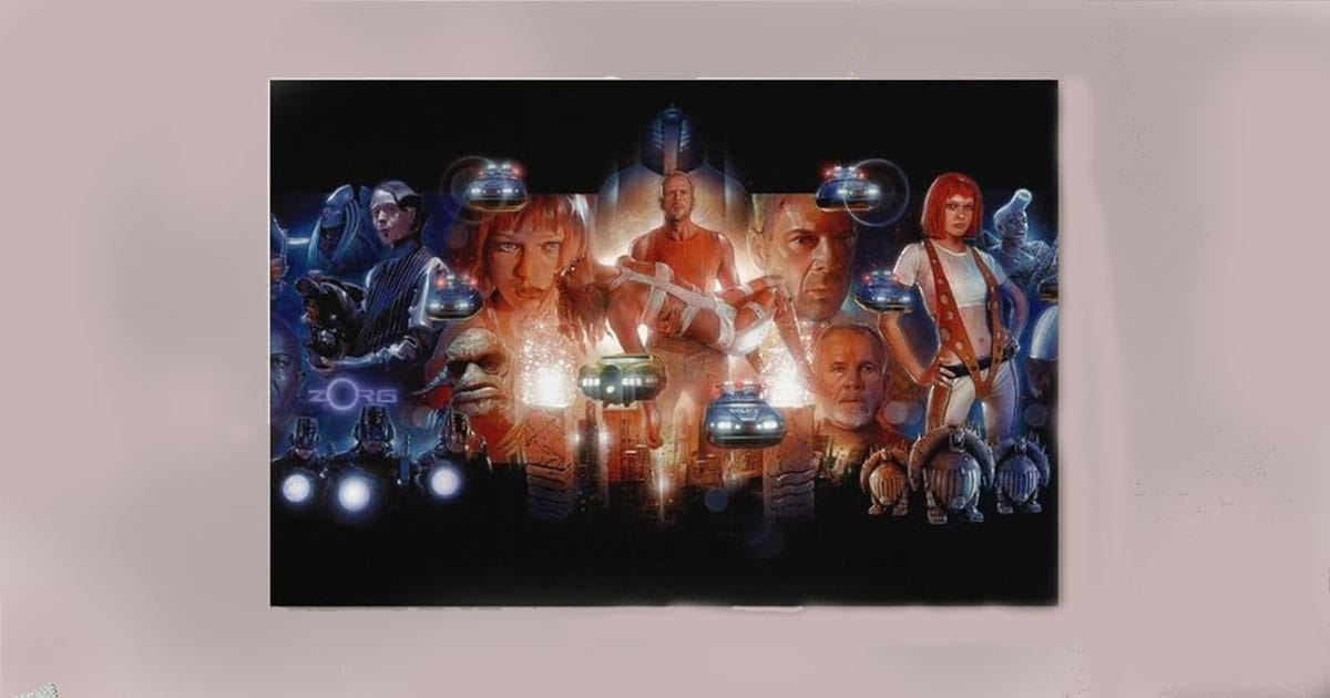 Vibrant collage artwork of "The Fifth Element" featuring main characters, flying cars, and a futuristic cityscape