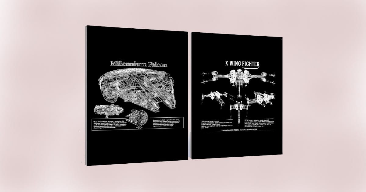 Detailed technical blueprints of the Millennium Falcon and X-Wing Fighter on black canvas.