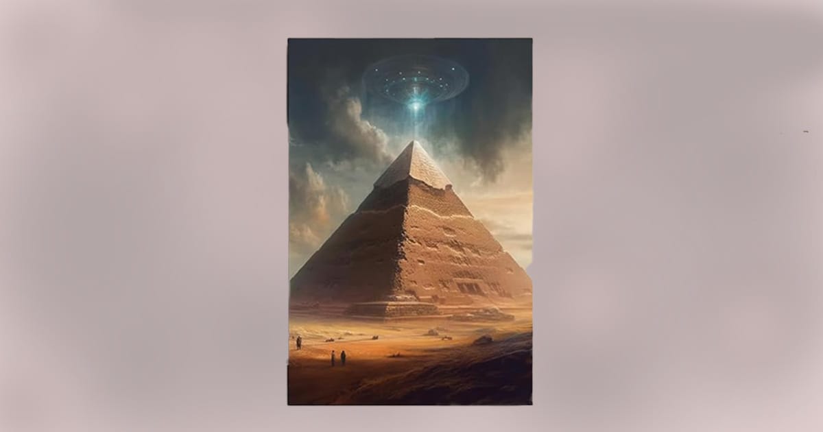 Surreal artwork of the BaydoG Tafu Pyramid with a UFO hovering above, casting a mysterious beam of light.