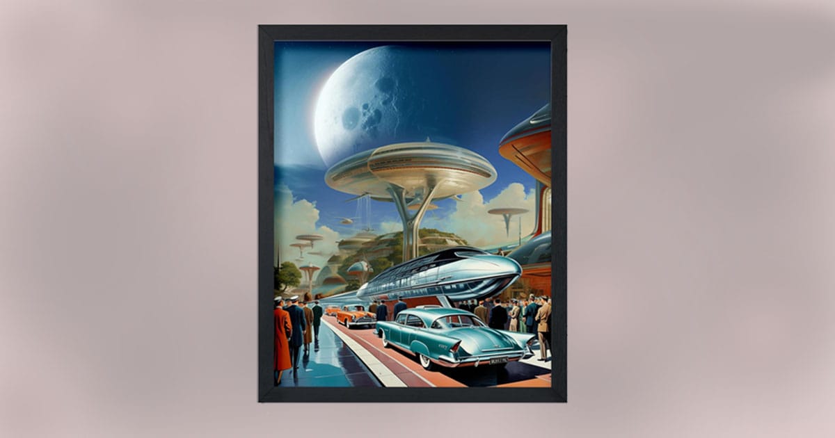 Retro-futuristic artwork depicting a space-age cityscape with flying trains, futuristic buildings, and classic 1950s-style cars.