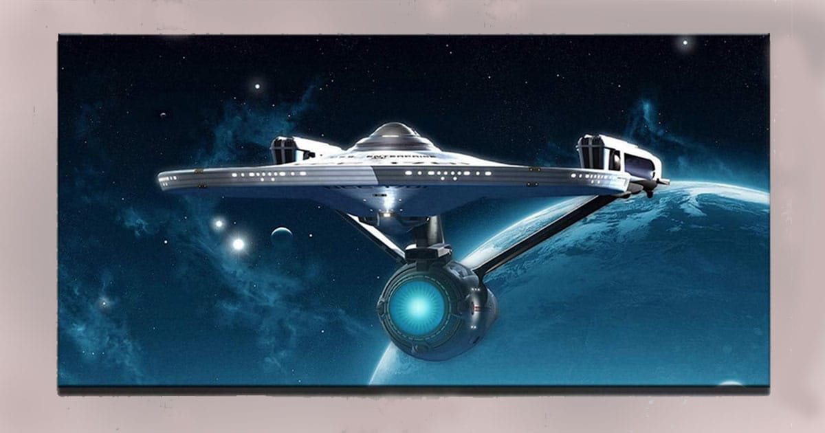 Canvas print of the USS Enterprise from Star Trek, depicted flying through space with a distant planet in the background.