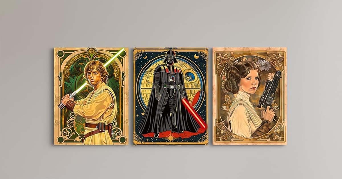 Art Nouveau-style Star Wars prints featuring Luke Skywalker, Darth Vader, and Princess Leia with intricate vintage-inspired details.