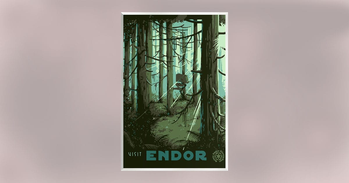 Vintage-style travel poster of Endor featuring a dense forest with an Imperial walker in the distance.