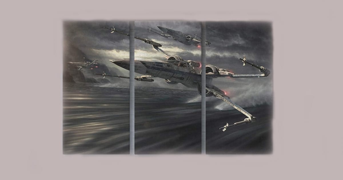 Three-panel artwork of X-Wing Starfighters soaring over water under a dark, stormy sky.