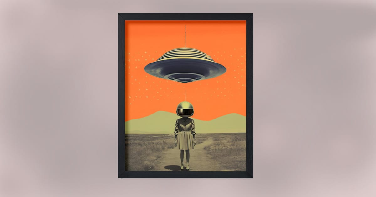 Framed artwork of a girl wearing a helmet connected to a hovering UFO with a vivid orange sky.