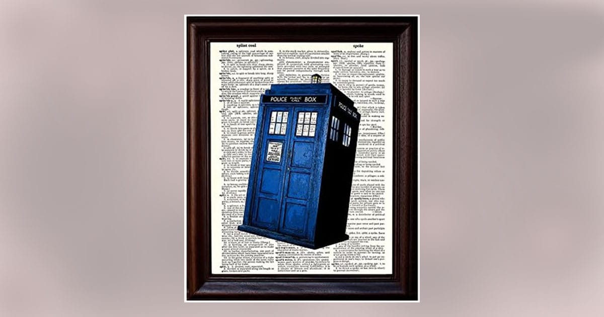 Framed dictionary art print featuring the TARDIS from Doctor Who, blending literature and time travel.