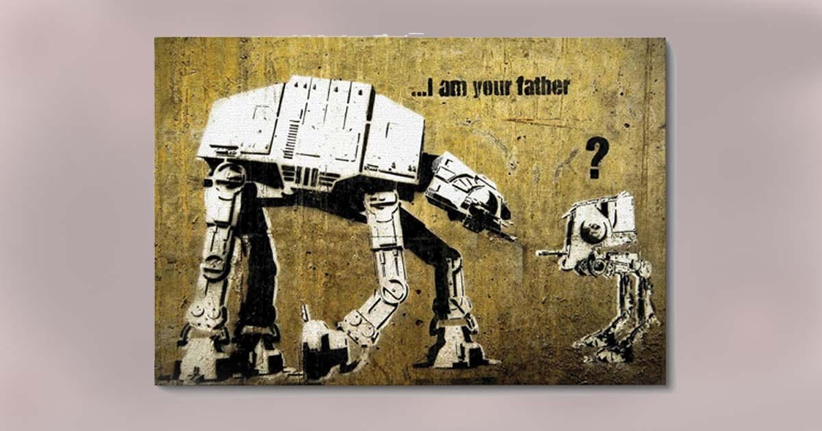 Street art-style painting of an AT-AT telling an AT-ST I am your father with a question mark in response.