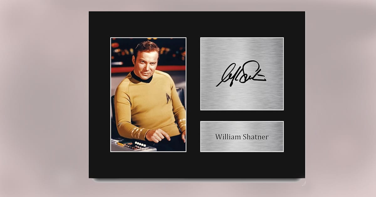 Framed memorabilia featuring William Shatner as Captain Kirk with his signature and engraved nameplate.