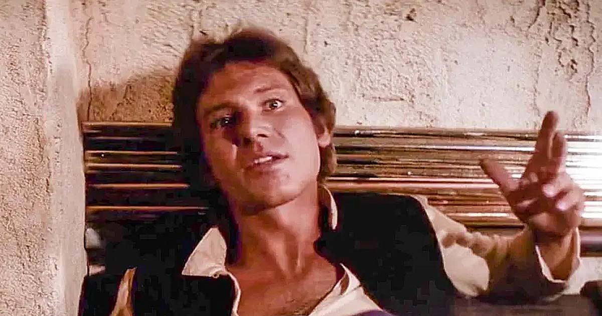 A screen capture of Harrison Ford as Solo in the famous scene.